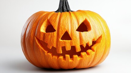 Halloween Carved pumpkin with triangular eyes and toothy grin on a white backdrop