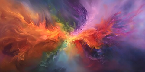Abstract painting featuring a blend of orange red purple and blue hues in a swirling cloud like pattern