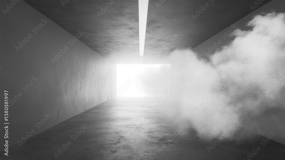 Aufkleber monochrome image of a concrete tunnel with light at the end and smoke.