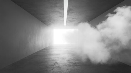Monochrome image of a concrete tunnel with light at the end and smoke.