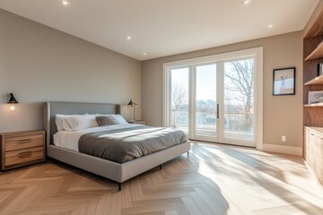 A modern bedroom features a bed and natural light from windows
