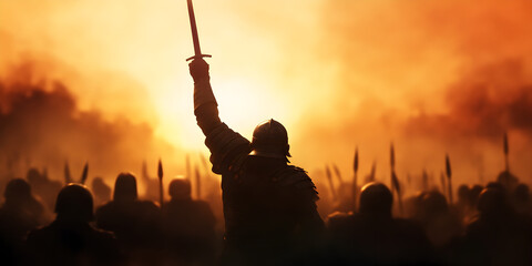 A Roman general raising his sword in victory as his army marches into the city after a successful campaign.

