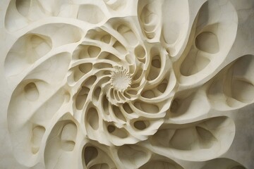 Close up of a complex off white spiral structure with repeating shapes and a central point design