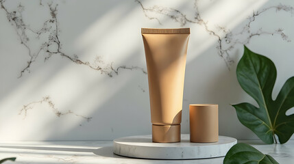 Modern skincare products displayed with natural elements in a serene setting.
