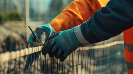 A construction worker setting up temporary fencing around a site. Featuring safety and preparation