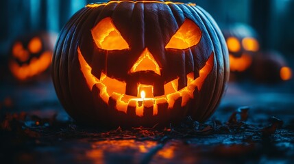 Glowing carved pumpkins set spooky Halloween mood in a dark, blurred outdoor setting