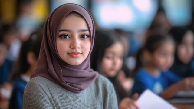 Shy Smiling Woman in Hijab Looking at Camera in Classroom. Video capturing a young woman in a pink hijab with a bashful smile, gazing directly at the camera in a school setting.