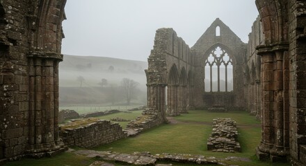 Naklejka premium Ancient Abbey Ruins in Mist - Misty morning view of aged abbey ruins, showcasing gothic architecture and overgrown grounds. Serene and atmospheric
