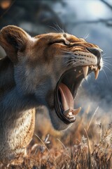 Hyper-detailed photorealistic rendering of a roaring lion