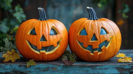 Carved pumpkins with smiling faces on wooden surface