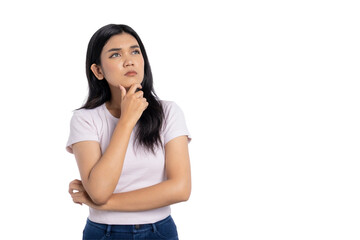 Thoughtful young Asian woman looking up with hand on chin, deep in thought, isolated on transparent background