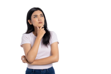Thoughtful young Asian woman looking up with hand on chin, deep in thought, isolated on transparent background