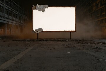 Empty billboard stands in abandoned space, surrounded by dust an