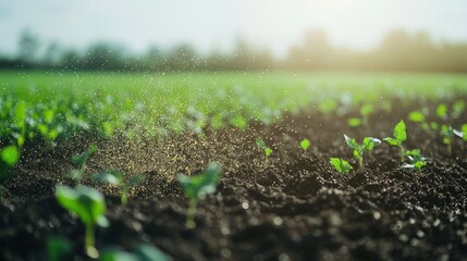 Vibrant Green Sprouts Emerging from Rich Soil, Water Droplets Sparkling in Sunlight