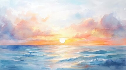 Fototapeta premium Serene Sunset Over the Ocean: A Watercolor Painting