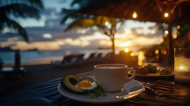 Tropical Sunset Brunch Coffee with Avocado Toast, and Beach Bliss.