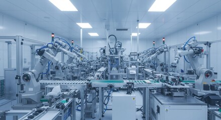 Automated Production Line in Cleanroom Facility - High-tech manufacturing, robotic automation, precision assembly, cleanroom environment, pharmaceutical production