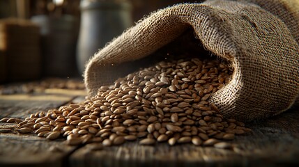 Rustic burlap sack spilling seeds on wood, kitchen background
