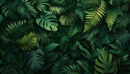 Lush Tropical Foliage: A Vibrant Display of Green Leaves and Exotic Plants in a Rich, Dark Setting