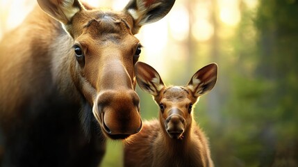 Moose and calf in sunlit forest. Mother's Day, Mothering Sunday, Dia de la Madre - Global Maternal Celebration, Worldwide Family Holiday