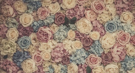 Floral Wall Backdrop Roses, Hydrangeas, and Flowers in Pastel Colors, Decorative Background.