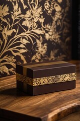 Elegant gift box with gold accents resting on a wooden surface in a floral patterned setting