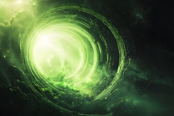 A green swirling vortex with bright light emerging from the center in a dark space setting