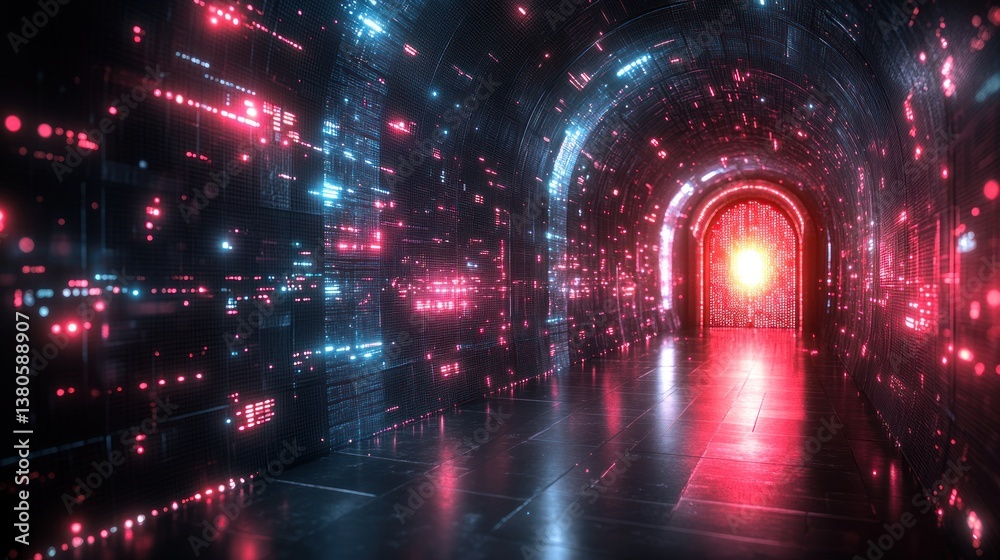 Aufkleber neon-lit arched corridor with glowing portal at end.