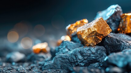 Fototapeta premium Close-up of sparkling gold nuggets on rough dark stones