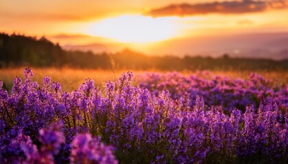 Fototapeta premium vibrant purple flowers at sunset dreamy blurred background photography a field of purple flowers with the sun setting behind them