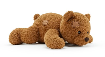 Beloved Brown Toy Bear Resting - A well-loved brown toy bear lies on a white background, symbolizing childhood memories, comfort, friendship, innocence, and enduring affection