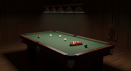 Billiards Room Ambiance: Game Ready - Classic billiards table, dark wood, soft lighting, balls set for play, evokes relaxation and competition. Symbolizes leisure, skill, strategy, challenge
