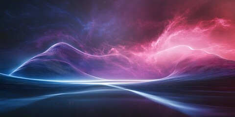 Abstract landscape with digital mountains and a vibrant pink and purple cloudy sky background view