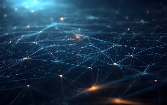 Abstract network with blue lines and glowing points in a dark background creating a futuristic look