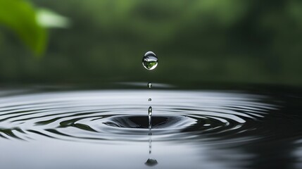 A single water droplet falling into a body of water with ripples and a blurred green background visible