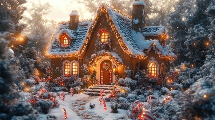 Fototapeta premium A gingerbread-style house surrounded by snow, decorated with candy canes, lights, and holiday ornaments