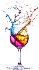 Colorful wine glass with a splash of liquid in it. The colors are vibrant and the glass is half full