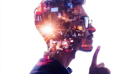 Innovative mindset in tech urban setting conceptual art digital environment profile view