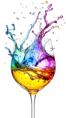 Colorful wine glass with a splash of water. The wine glass is filled with a rainbow of colors, and the water is splashing out of the glass. Concept of fun and excitement