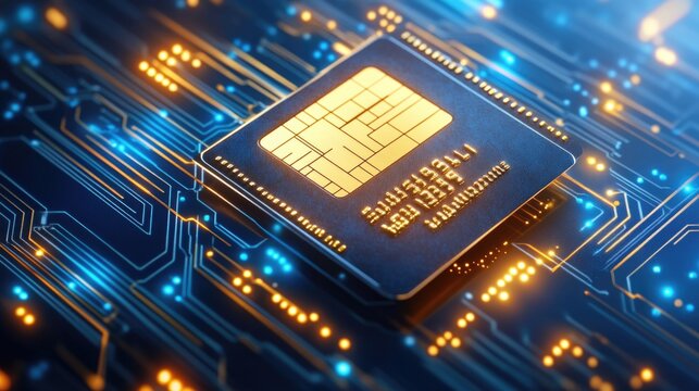 Close-up of a computer microchip on a circuit board with glowing connections