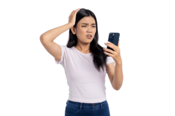 Young Asian woman feeling frustrated and confused while looking at her smartphone, isolated on transparent background