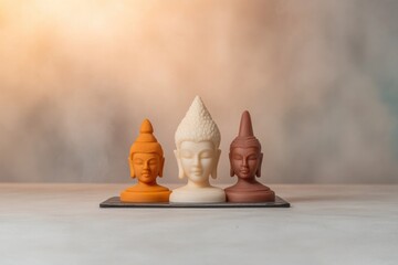 Three unique Buddha sculptures in various colors create serene a