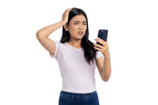Young Asian woman feeling frustrated and confused while looking at her smartphone, isolated on transparent background