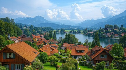 Fototapeta premium Picturesque Lakeside Village nestled in the Swiss Alps