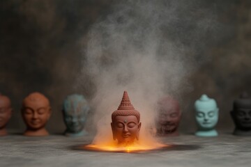 Mystical head sculptures emerge from swirling mist, radiating se