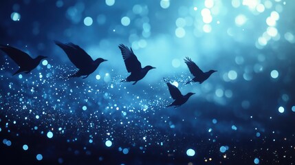 Silhouetted birds flying in a V formation against a dark