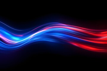 Abstract wave of glowing blue and red light trails against a dark black background design element