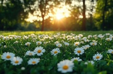 Fototapeta premium White Daisies in Green Field at Sunset