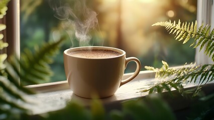 A steaming cup of coffee sits on a windowsill surrounded by green ferns, with soft sunlight streaming in. Concept Cozy Morning Vibes, Sunlit Windowsill, Nature and Minimalism, Coffee Aesthetics