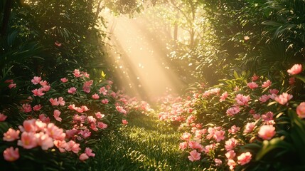 Enchanted Forest Path: Sunlit Blossoms and Serene Beauty